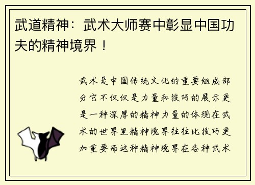 武道精神：武术大师赛中彰显中国功夫的精神境界 !